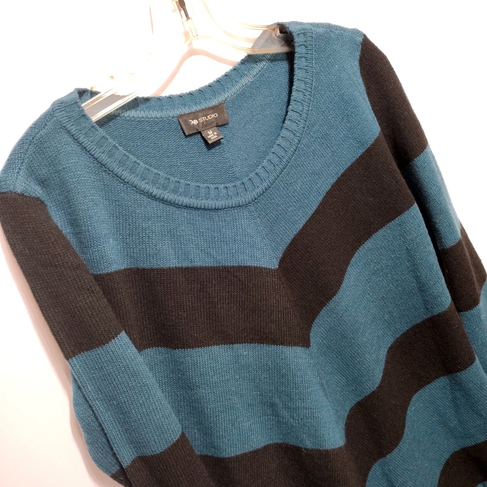 AB STUDIO Teal Black Chevron V Neck Long‎ Sleeve Sweater Women's Size M